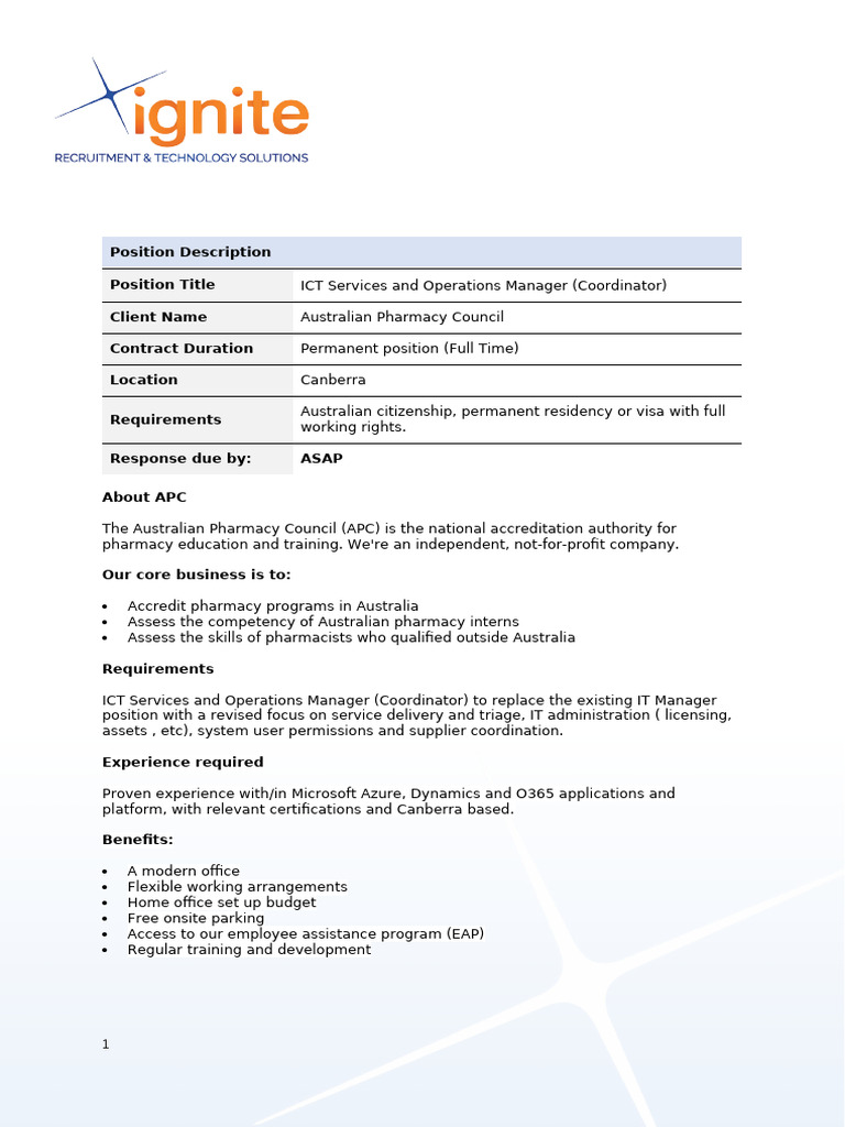 Ignite - ICT Services and Operations Manager - APC | PDF
