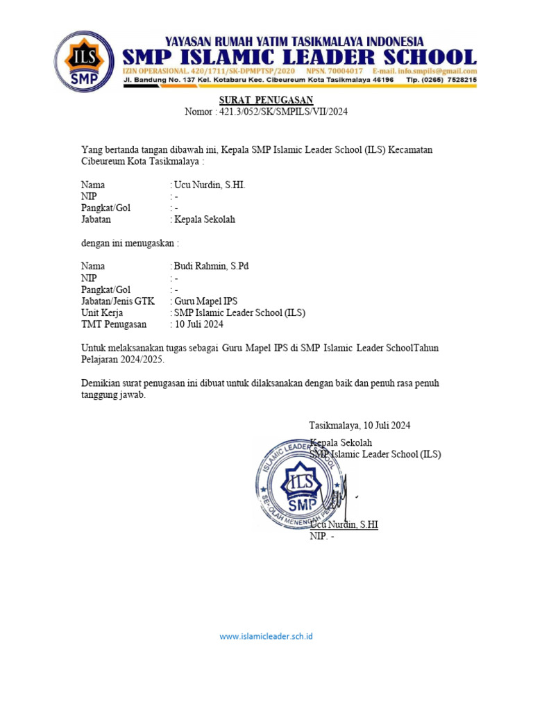 Surat Penugasan Guru IPS SMP ILS 2024 | PDF