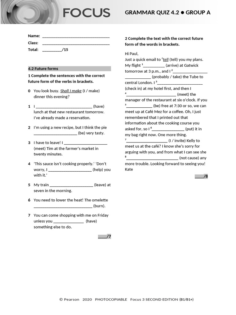 Focus 3 Unit 4 Grammar Quiz | PDF | Grammar | Linguistics