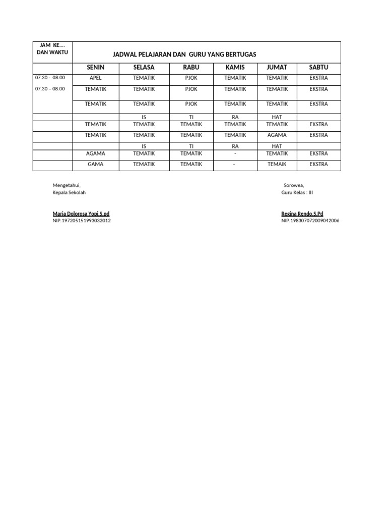 Jadwal Pelajaran dan Guru Kelas III | PDF