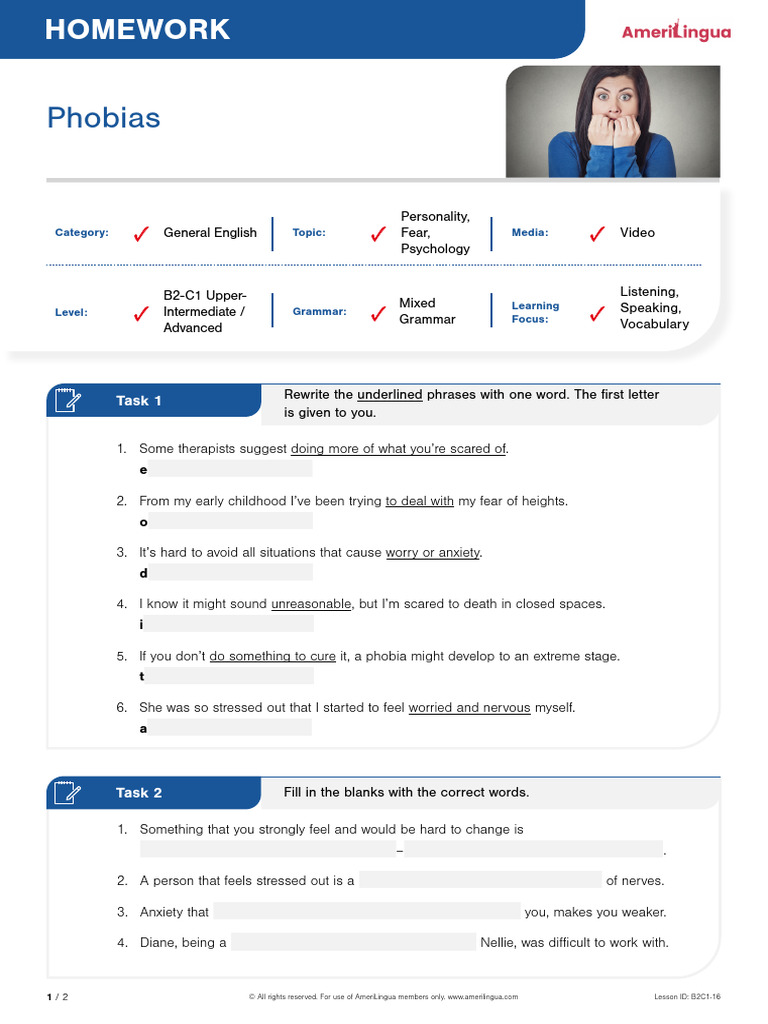 Phobias Homework for B2-C1 Level | PDF | Phobia | Anxiety