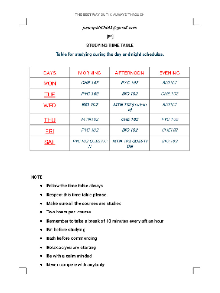 Studying Time Table 2 - Phoenix | PDF