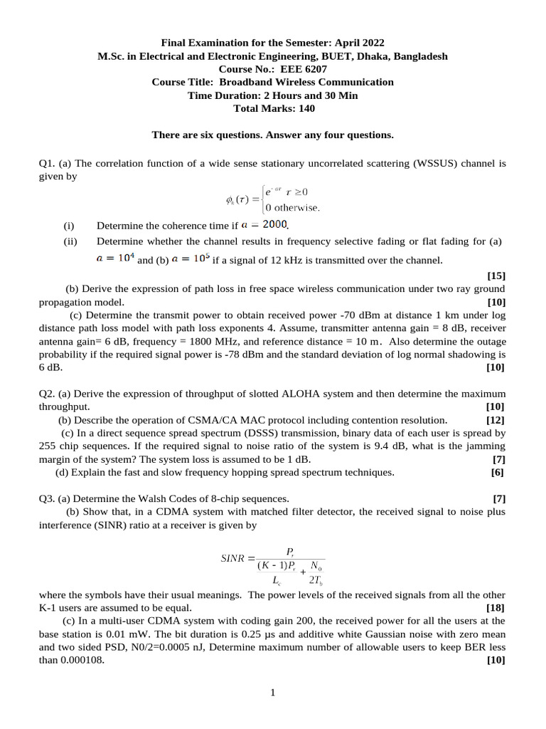 M.Sc. EEE Final Exam: Broadband Wireless Communication | PDF ...