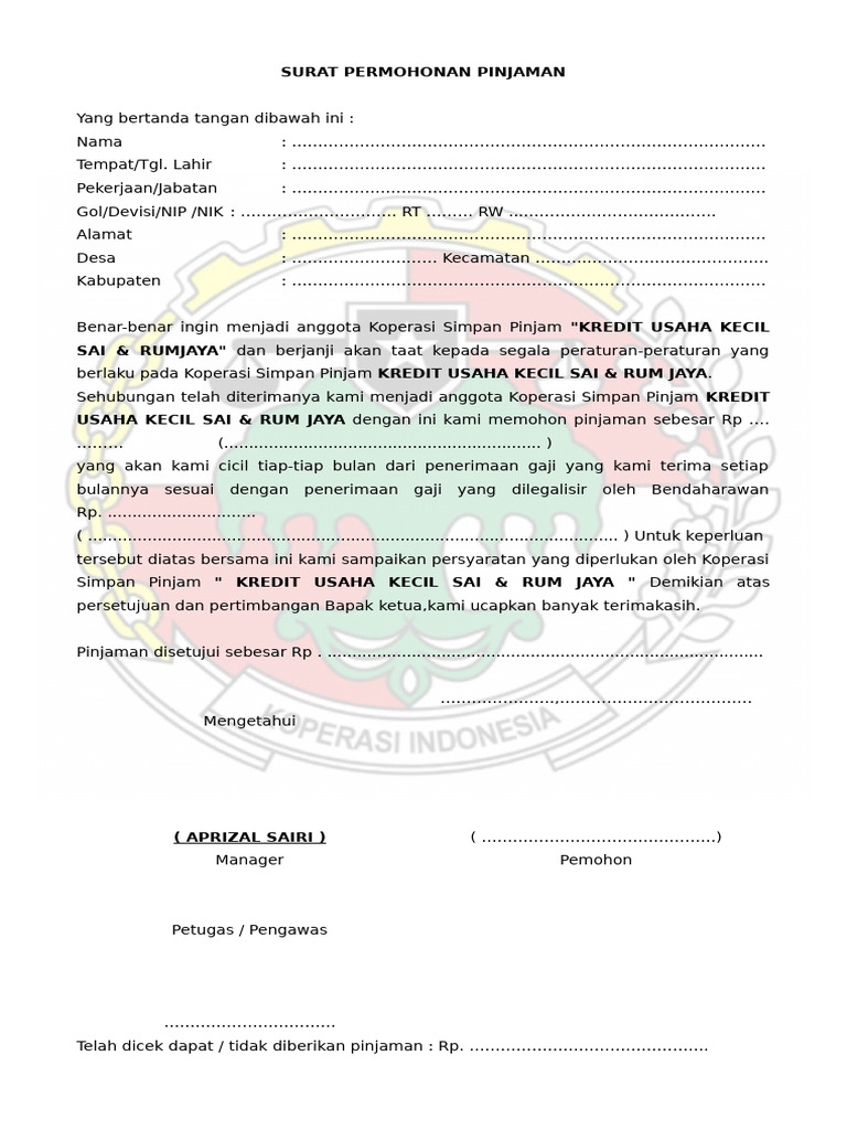 Surat Permohonan Pinjaman Koperasi | PDF