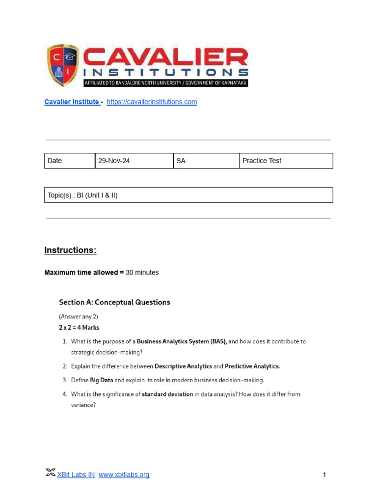 Unit-I&II-BI-SA-Practice Test-Cavalier-IST | PDF