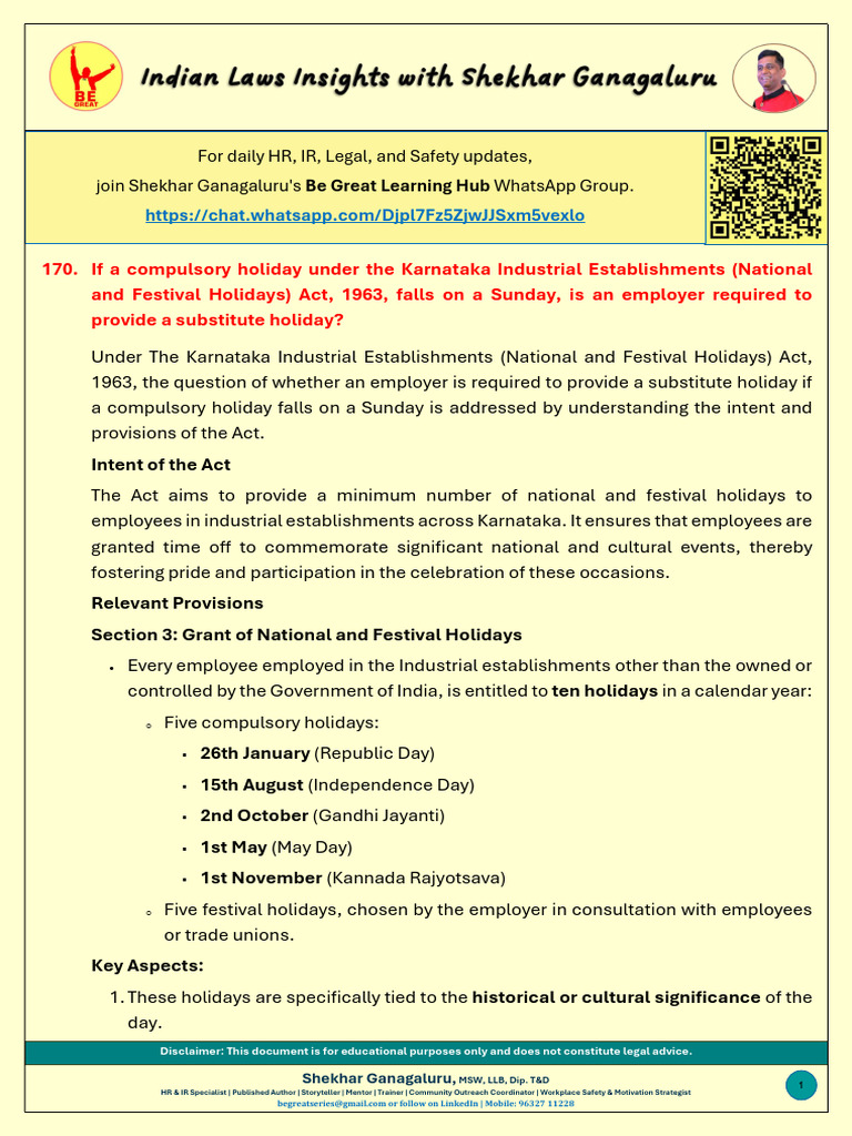 Q. NO. 170 - Compulsory Holiday On Sunday | PDF | Holidays | Employment