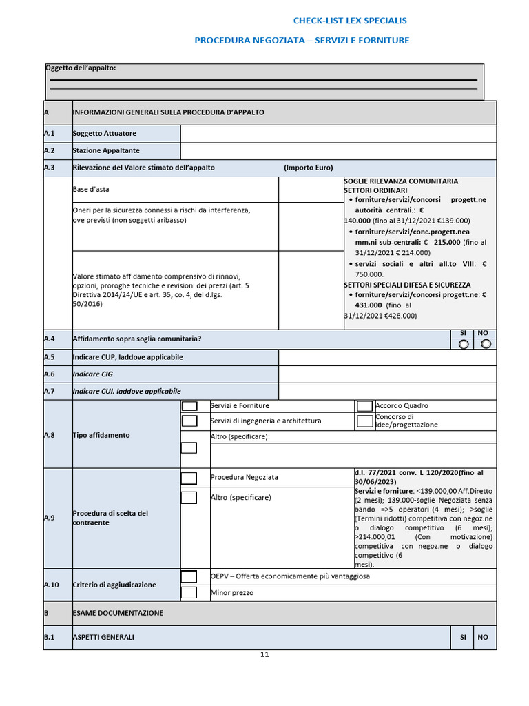 Check List Procedura Negoziata Servizi e Forniture | PDF