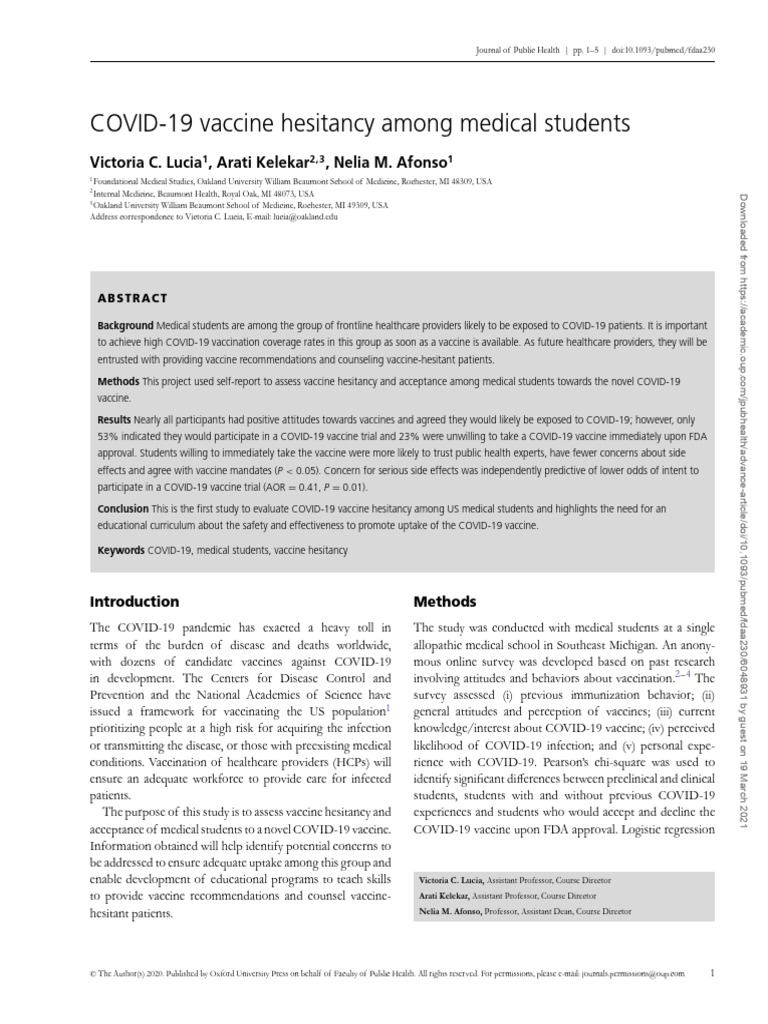 COVID-19 Vaccine Hesitancy Among Medical Students | PDF | Vaccines ...