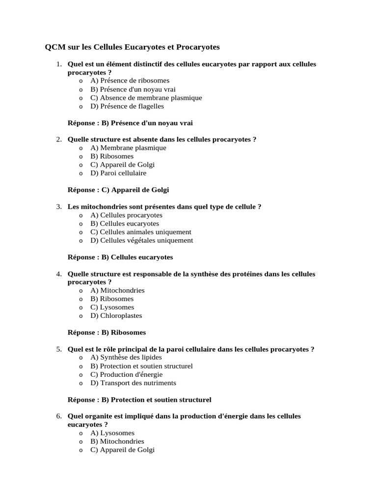 QCM sur Cellules Eucaryotes et Procaryotes | PDF | Cellule (Biologie ...