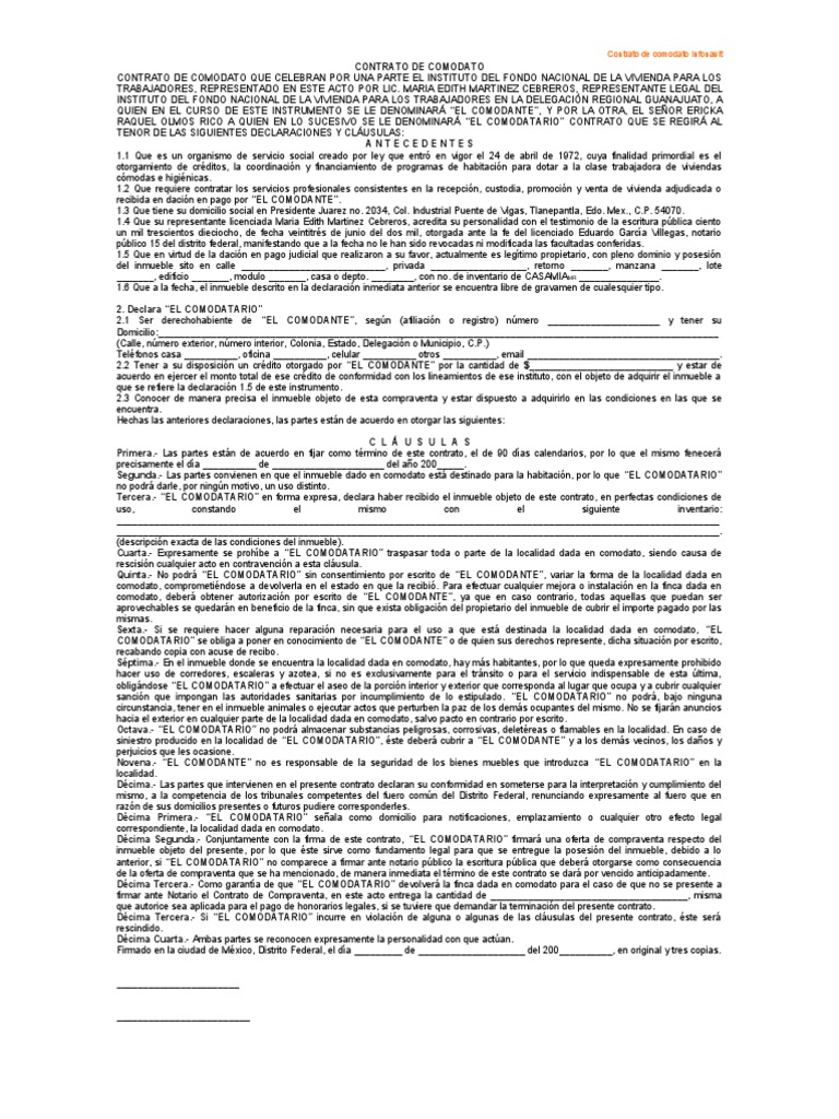 Machote Contrato de Comodato Infonavit[1] Derecho civil