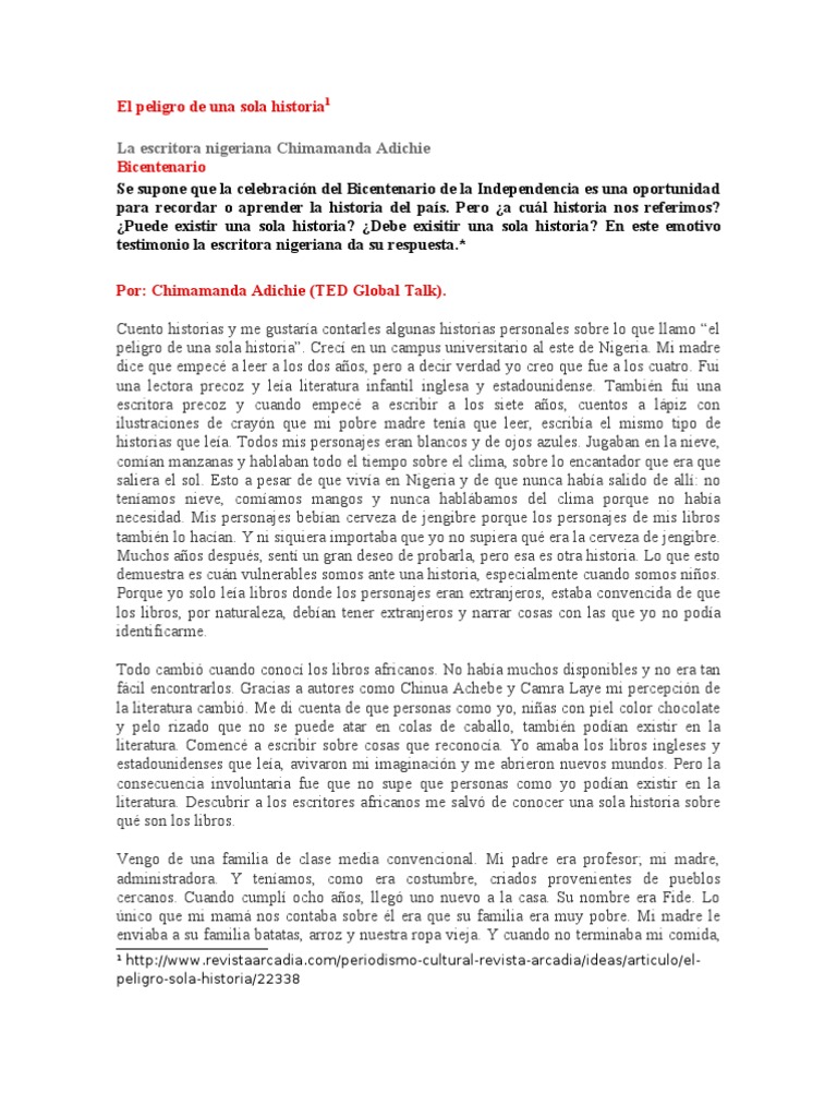 El Peligro de Una Sola Historia África Novelas