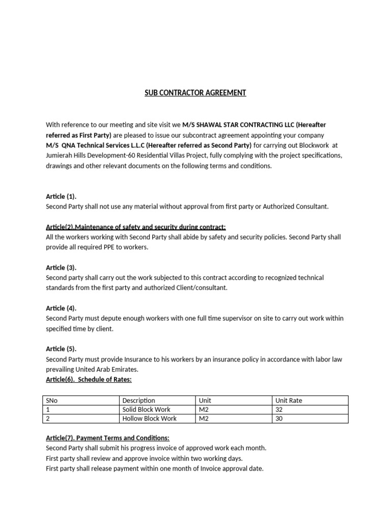 Subcontractor Agreement for Blockwork | PDF