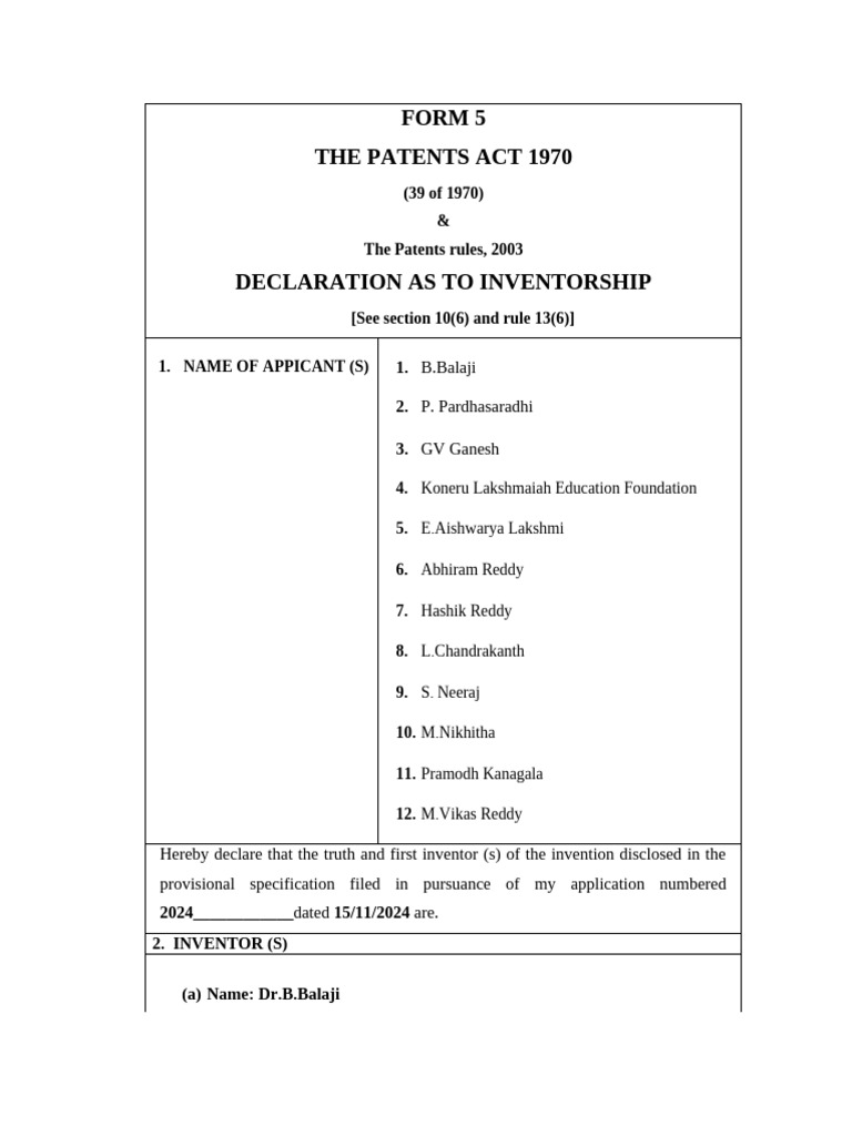 Declaration of Inventorship for Patent | PDF | Patent | Property Law