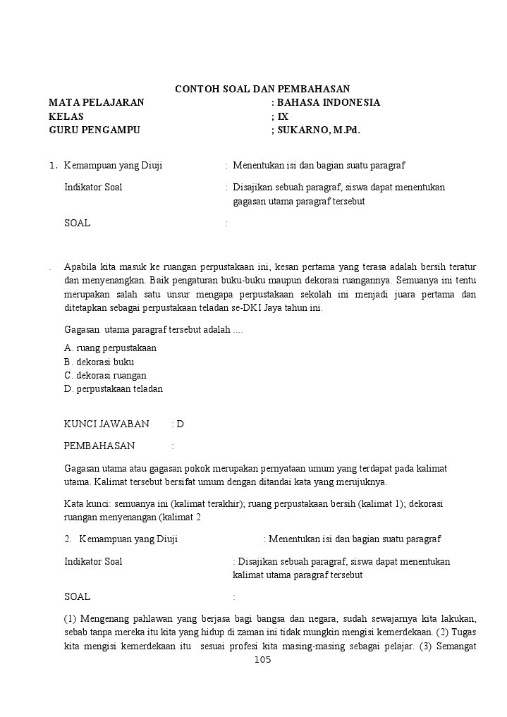 Contoh Soal Dan Pembahasan Mata Pelajaran Bahasa Indonesia Kelas Ix Guru Pengampu Sukarno M Pd