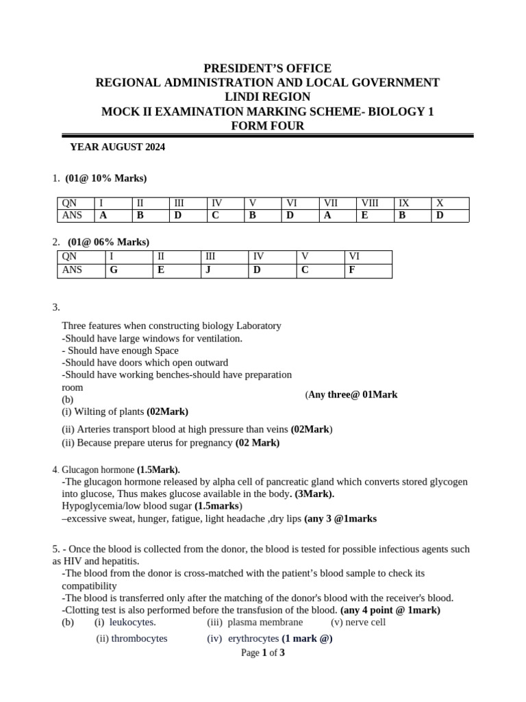 Biology 1 Fiv Mock2 Form Four Marking Guide | PDF | Ear | Hearing