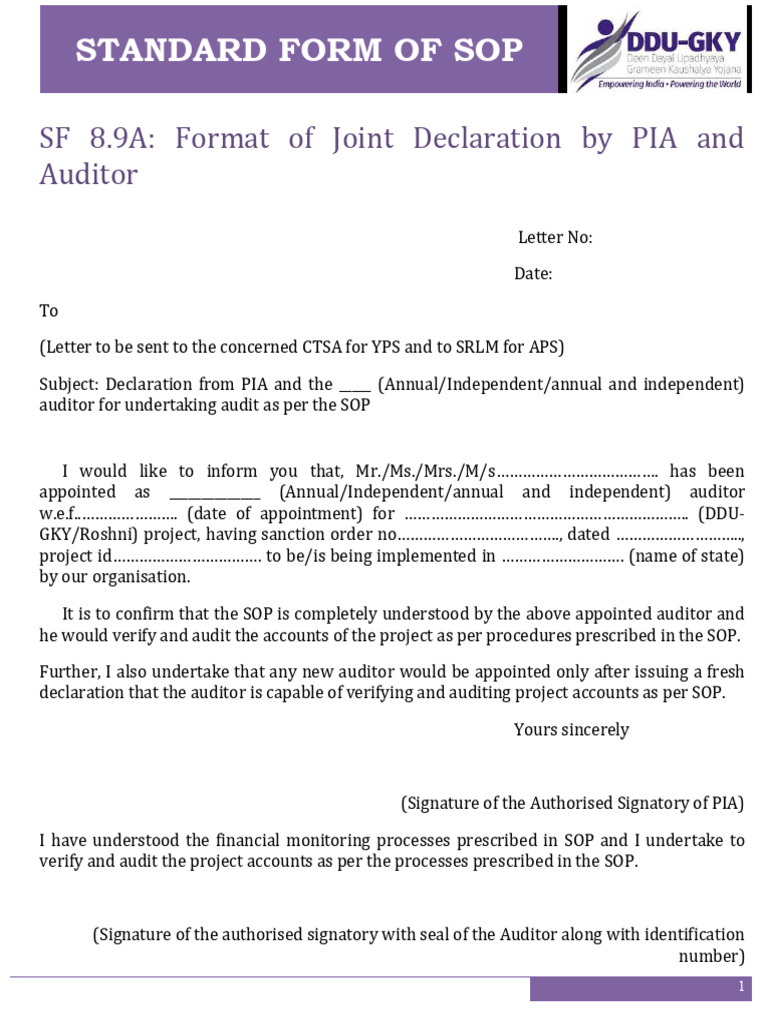 PIA Auditor Declaration Format SF 8.9A | PDF