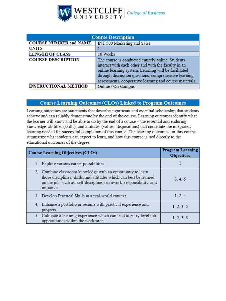 INT 500 Marketing and Sales Course Overview | PDF | Learning | Experience