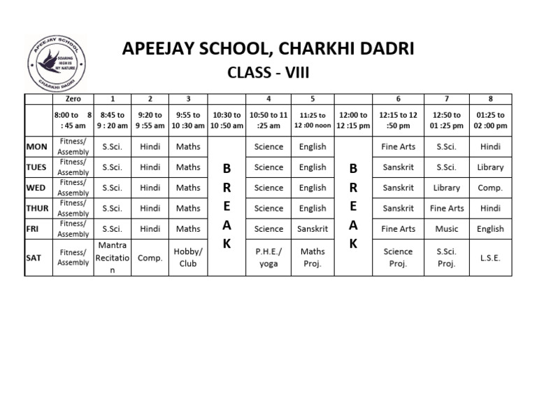 Class VIII Timetable - Apeejay School | PDF