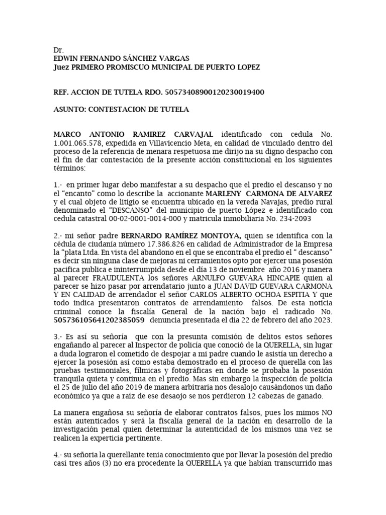 Contestación de Tutela en Puerto López | PDF | Queja | Esfera pública