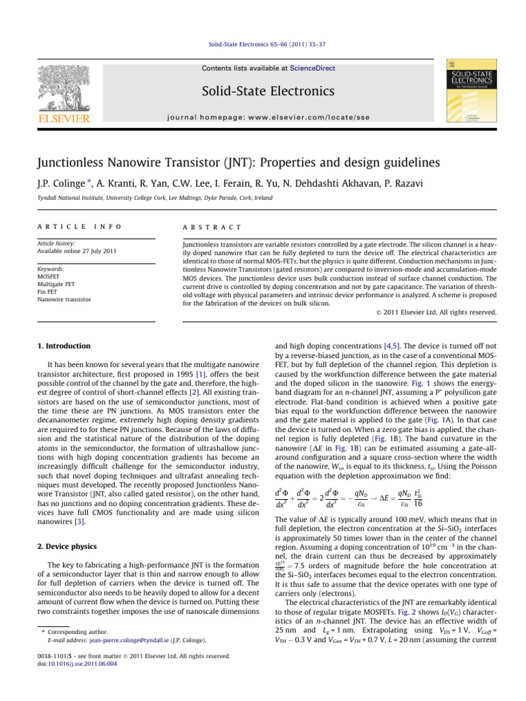 Colinge JP, Kranti A Etal - Junctionless Nanowire Transistor (JNT ...