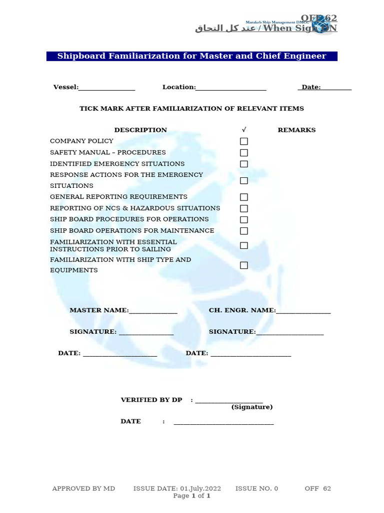 Shipboard Familiarization Checklist | PDF