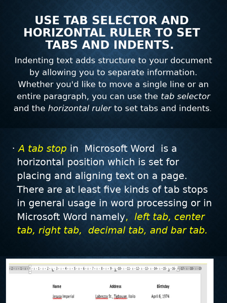 Use Tab Selector and Horizontal Ruler To Set | PDF | Paragraph ...