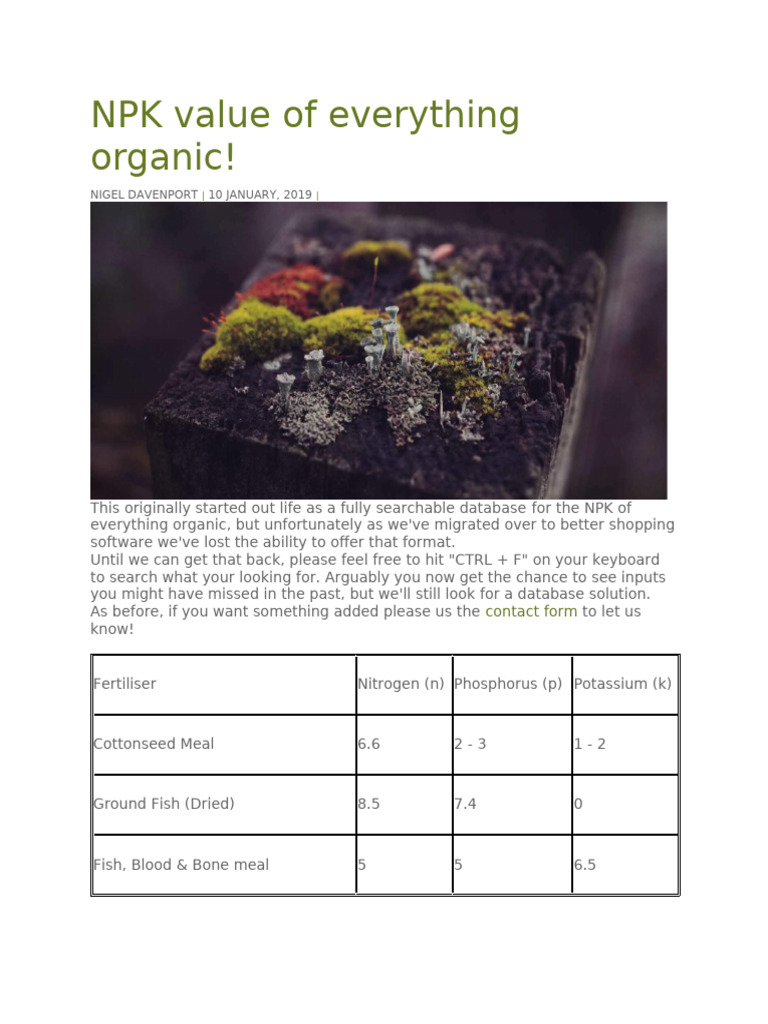 Organic Fertilizer NPK Values Guide | PDF | Agriculture