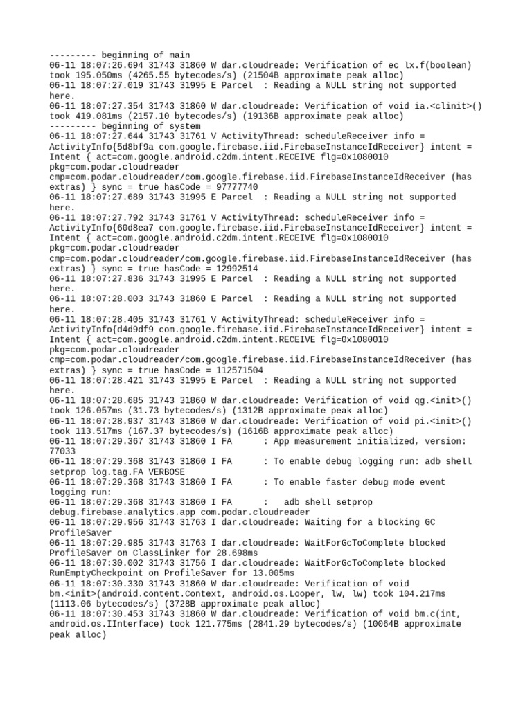 Cloud Reader App Debug Log Analysis | PDF | Java (Programming Language ...