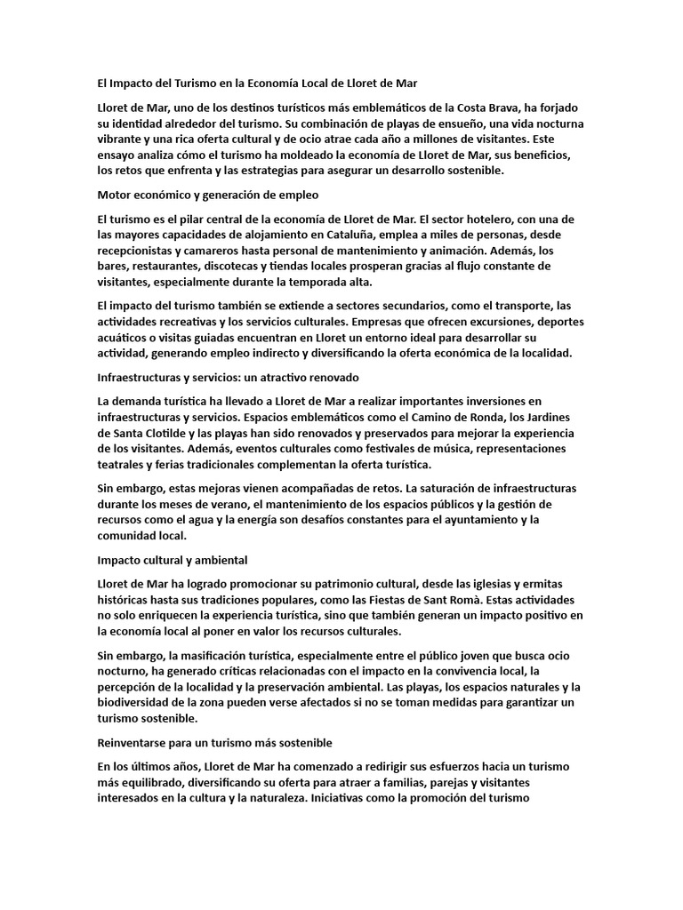 El Impacto Del Turismo en La Economía Local de Lloret de Mar | PDF ...