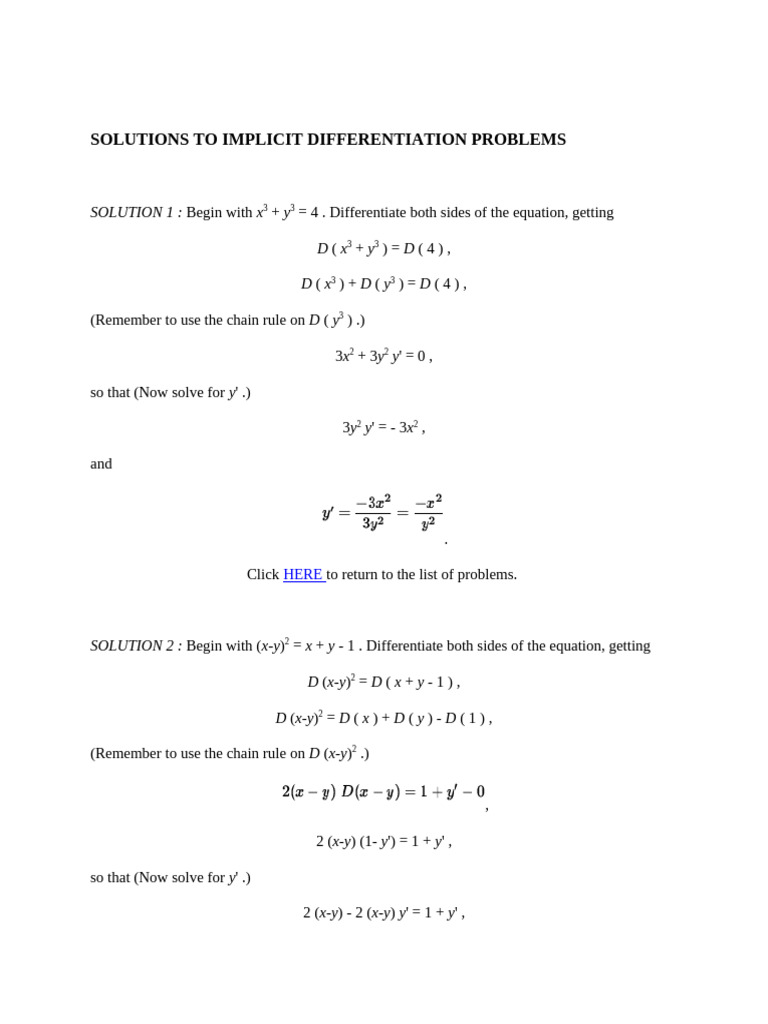 Implicit Differentiation Solutions Guide | PDF | Calculus | Elementary ...