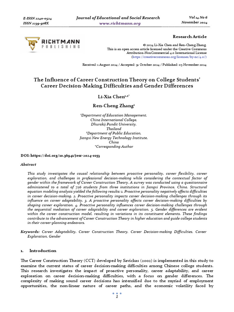 The Influence of Career Construction Theory On Col | PDF | Structural ...