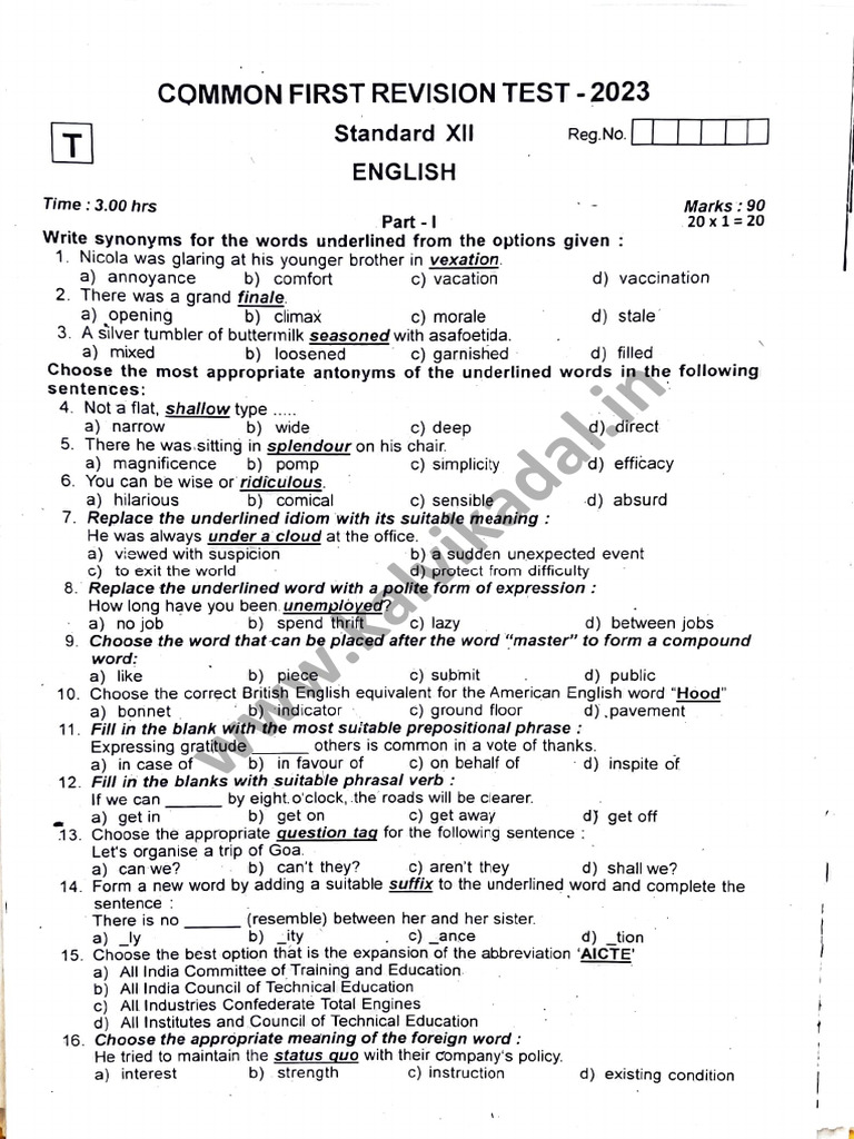 12th English 1st Revision QP Theni DT | PDF | Forests | Linguistics