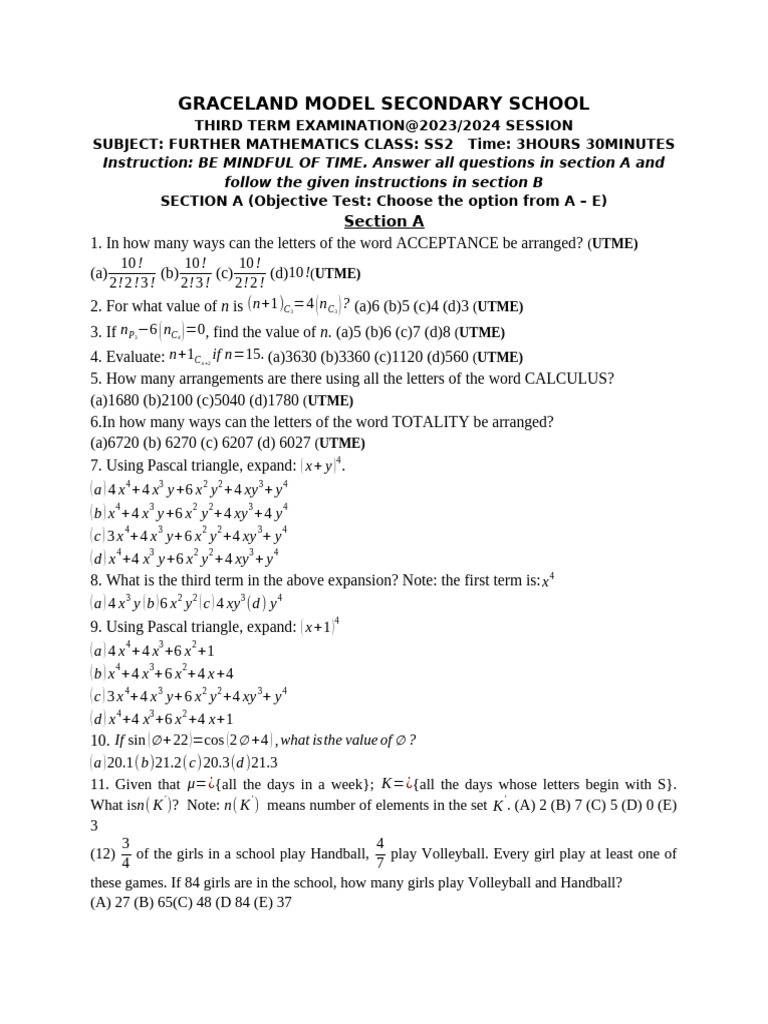 SS2 Further Mathematics Exam 2023/24 | PDF | Quadratic Equation ...