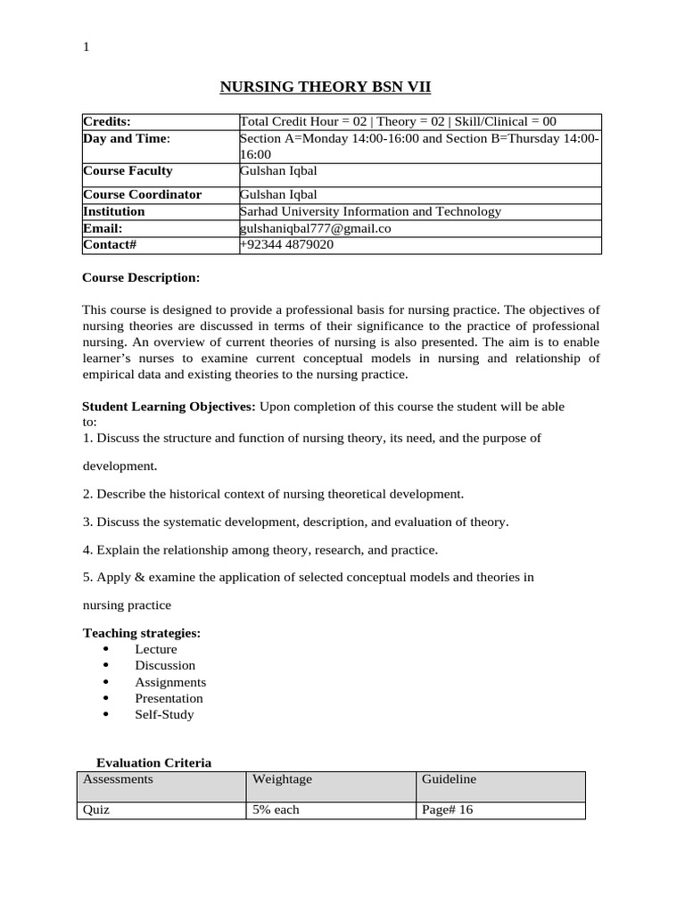 Nursing Theory Course Overview | PDF | Theory | Evaluation