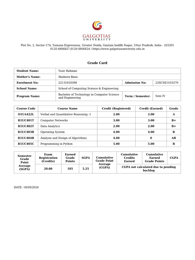 Grade Card for B.Tech in Computer Science | PDF
