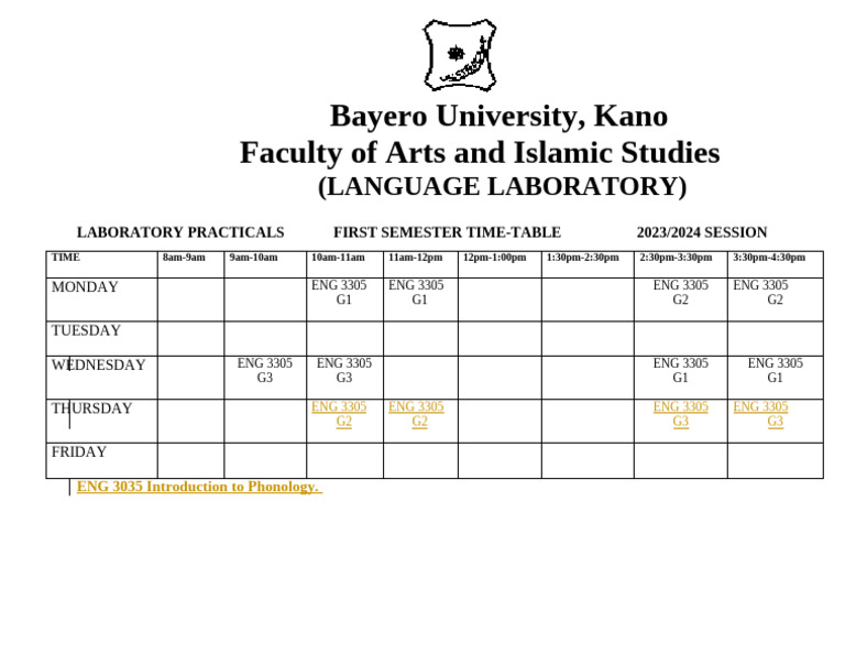 Bayero University Language Lab Timetable | PDF