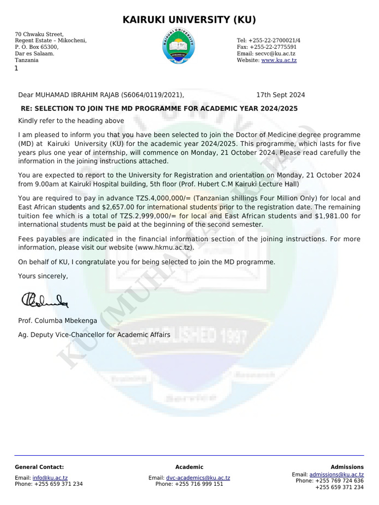 Kairuki University MD Program Admission Notice | PDF | Academia ...