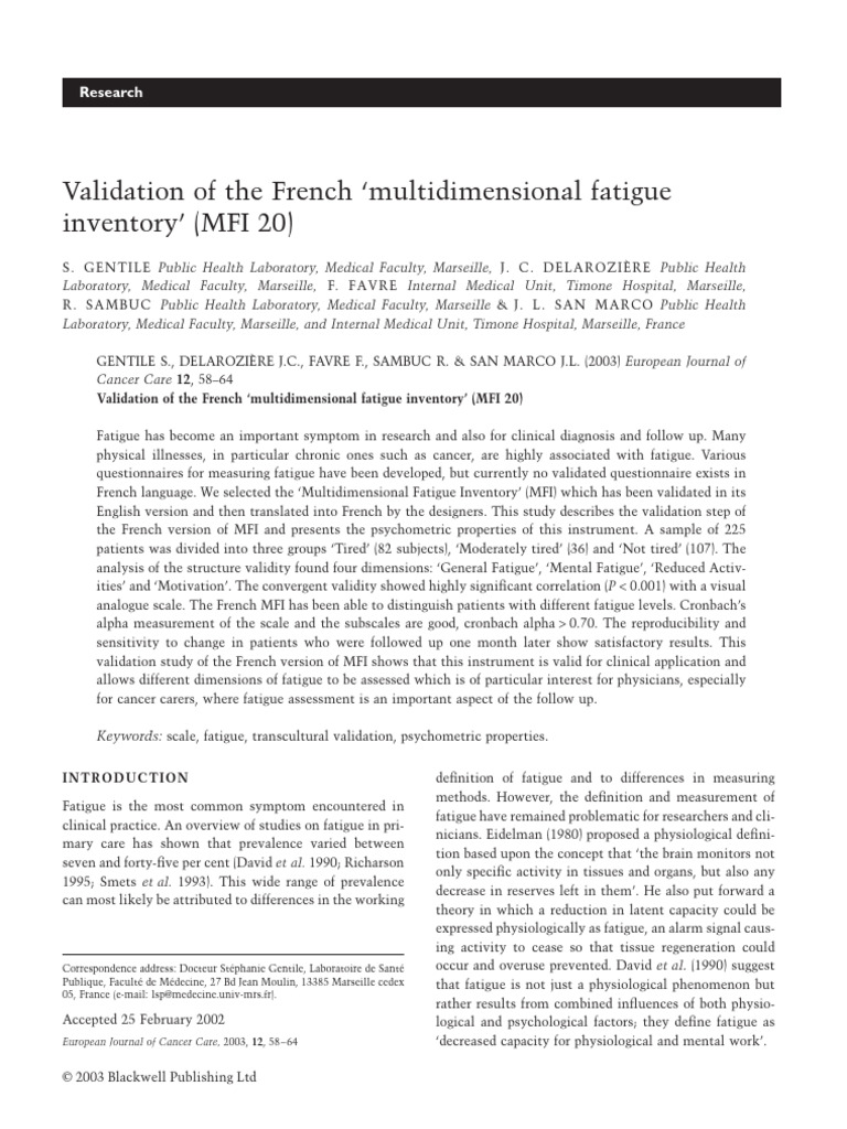 Validation of French MFI-20 Questionnaire | PDF | Hypothyroidism ...