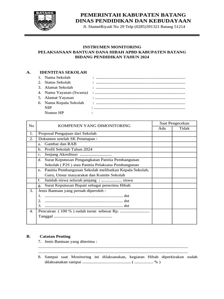 Monitoring Hibah Pendidikan Batang 2024 | PDF