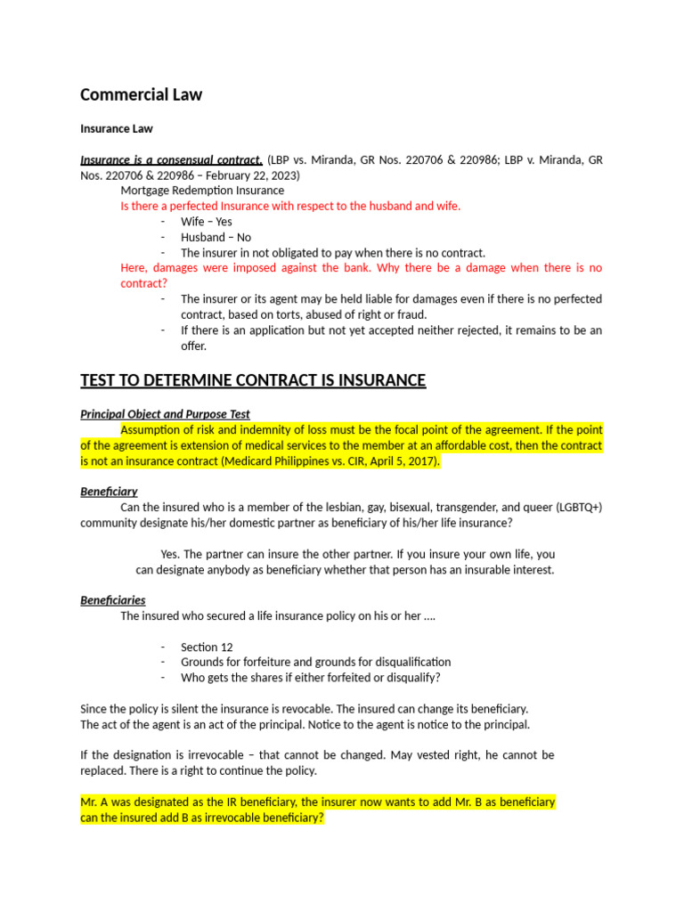 Insurance Contract and Beneficiary Rules | PDF | Insurance | Legal ...