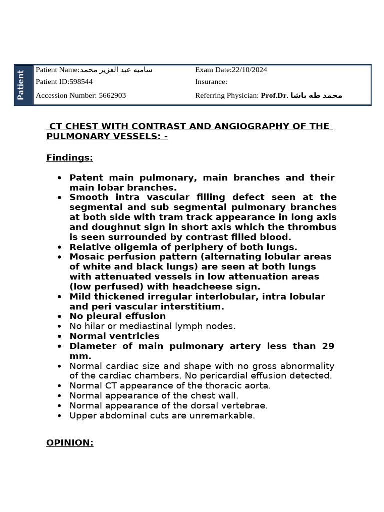 CT Chest Report: Pulmonary Embolism Findings | PDF | Lung | Heart