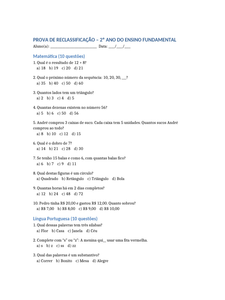 Prova de Reclassificação 2º Ano | PDF | Terra | Marte