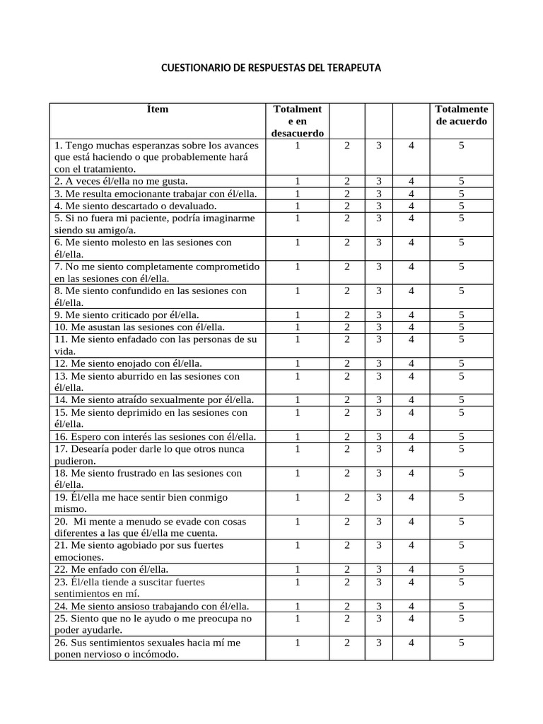 Cuestionario de Respuestas del Terapeuta | PDF