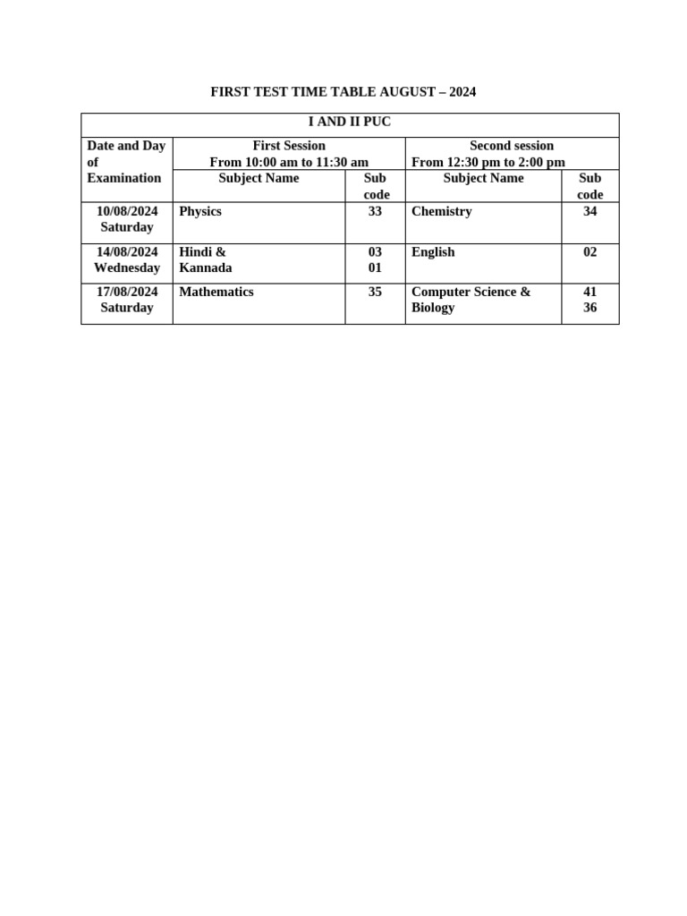 August 2024 First Test Timetable | PDF