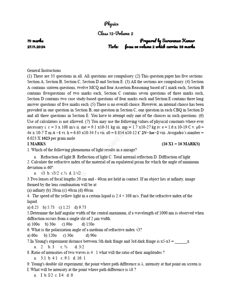 Physics 12 STD Volume 2 70 Marks | PDF | Photoelectric Effect | Diffraction