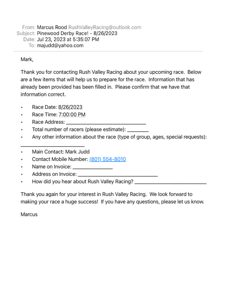 Rush Valley Racing Race Confirmation | PDF