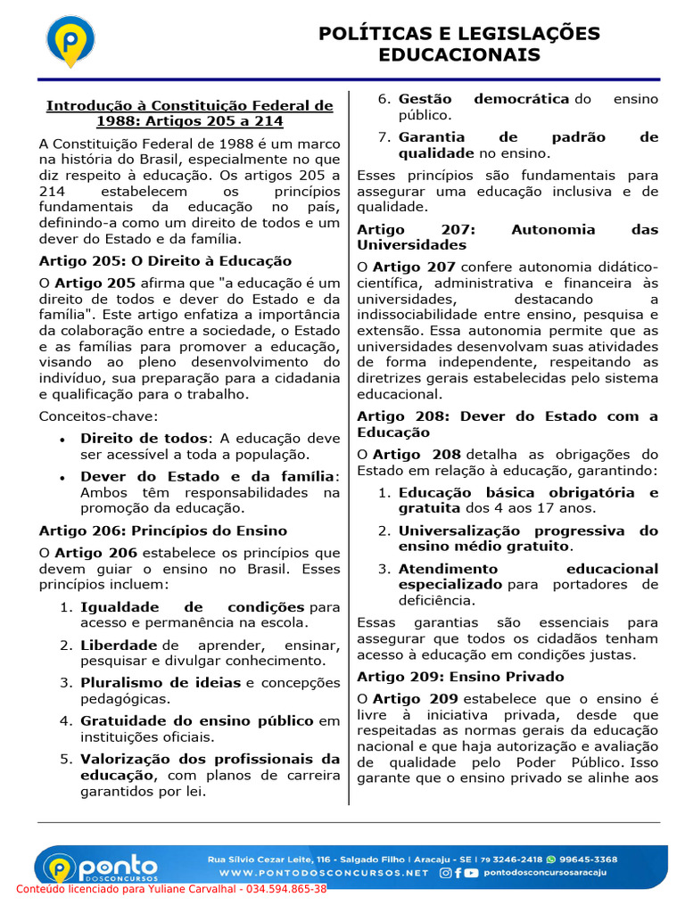 Constituio Federalde 1988 Artigos 205 A 214 PARAOCEBRASPE | PDF ...