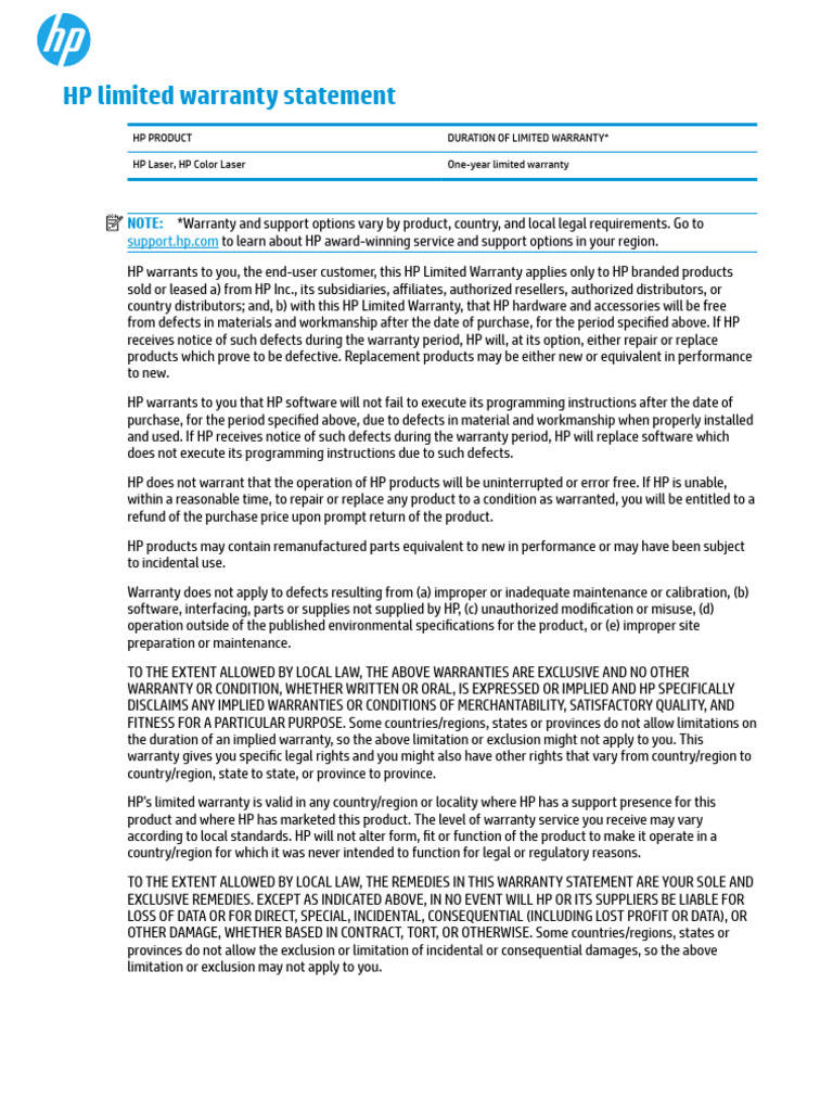 HP Limited Warranty Overview | PDF | Implied Warranty | Hewlett Packard
