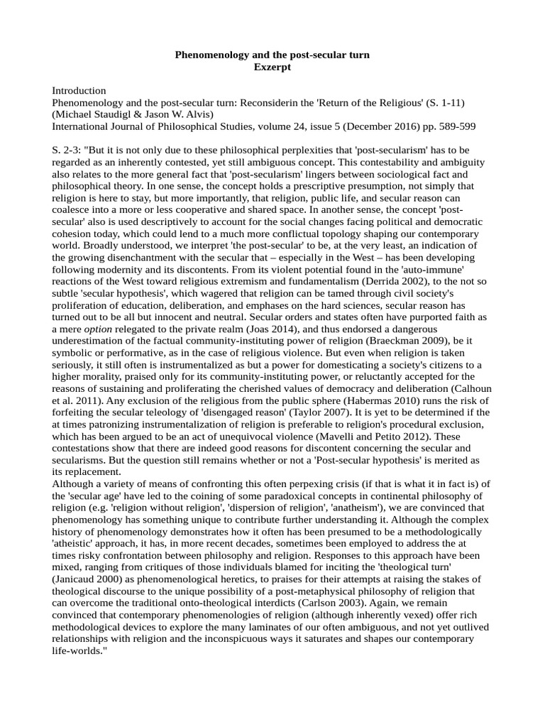 Phenomenology and The Post-Secular Turn Exzerpt | PDF | Secularity ...