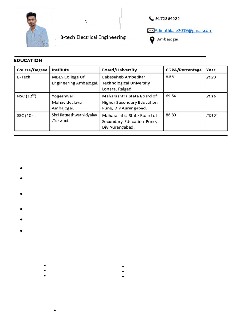 Adinath Kale's Electrical Engineering Profile | PDF | Secondary ...